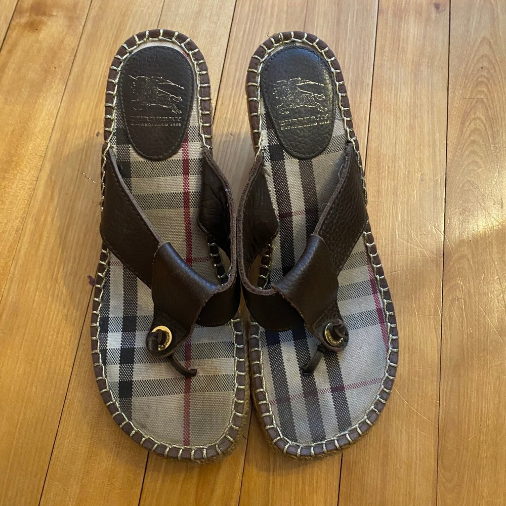 Burberry Women's Nova Check Espadrille Wedge Sandals Brown Leather Size‎ 40